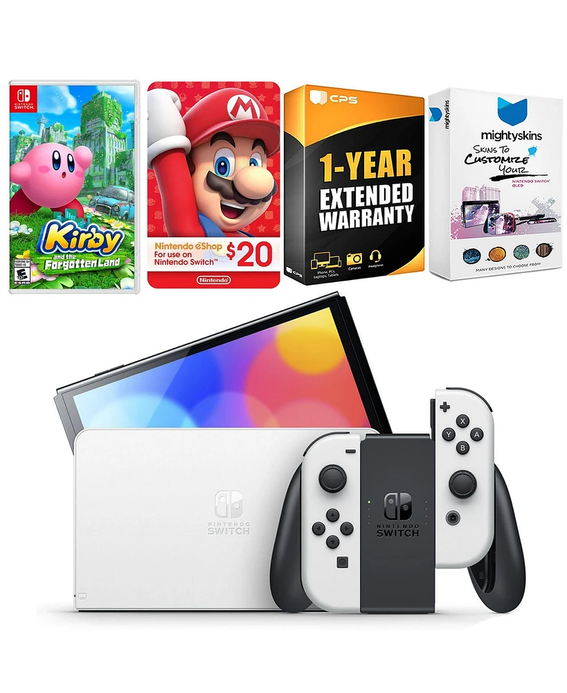 Nintendo Switch White Oled Console with Kirby and the Forgotten Land, Nintendo $20 eShop Gift Card, MightySkins Console and Controller Skin Voucher