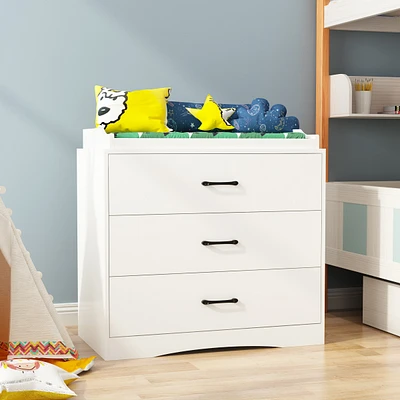 Multi-purpose changing table with three drawers, baby changing station with changing table top and drawers, white wood
