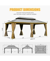 Outdoor Living 14x20FT Hardtop Gazebo, Permanent Metal Gazebo with Galvanized Steel Double Roof and Aluminum Frame, Curtain and Netting, Large Pavilio