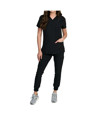 Medgear Women's Fleur Stretch Scrub Set with Zip Chest Pocket Top and Knit Rib Cuffs Jogger Pants