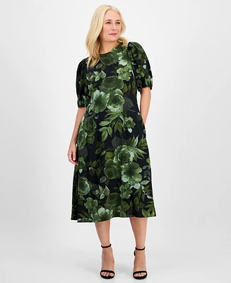 Connected Women's Woven Puff-Sleeve Round-Neck Midi Dress