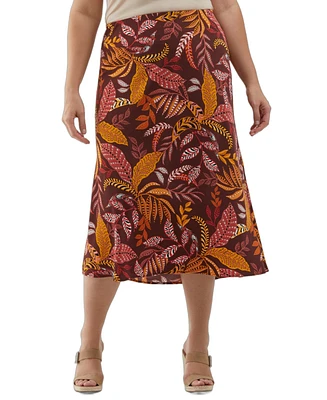 Ella Rafaella Plus Leaf Print Shine Midi Bias Skirt