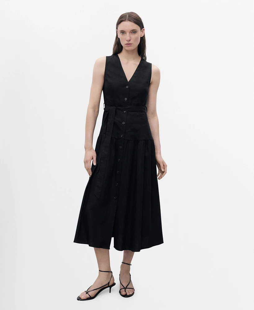 Mango Women's Belt Linen-Blend Midi Dress