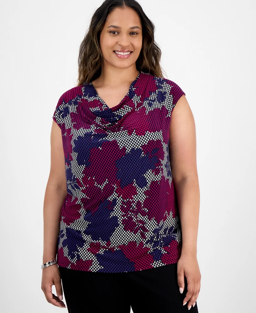 Kasper Plus Cowlneck Cap-Sleeve Top