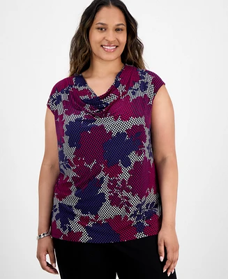 Kasper Plus Cowlneck Cap-Sleeve Top