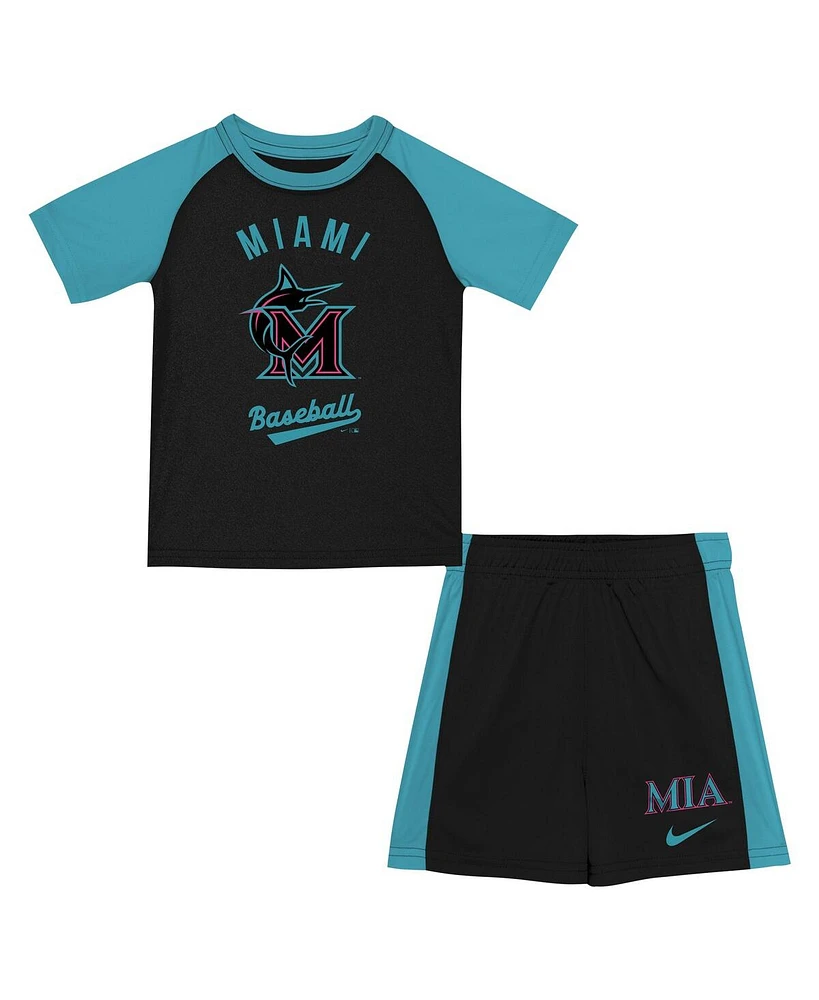 Nike Little Boys and Girls 2-Piece Black/Teal Miami Marlins 2025 City Connect Shirt Shorts Set