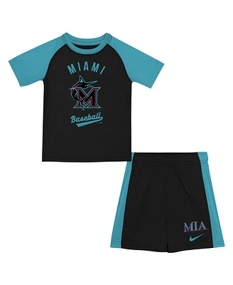 Nike Little Boys and Girls 2-Piece Black/Teal Miami Marlins 2025 City Connect Shirt Shorts Set