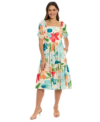 London Times Women's Floral-Print Square-Neck Puff Midi Dress
