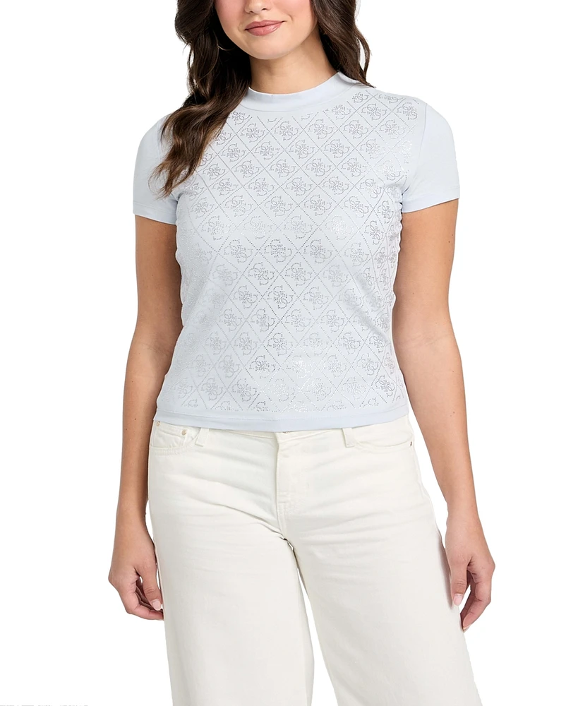 Guess Women's Rhinestone-Logo Mock-Neck Short-Sleeve Top