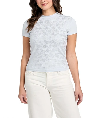 Guess Women's Rhinestone-Logo Mock-Neck Short-Sleeve Top
