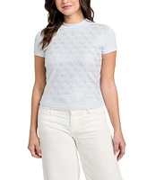 Guess Women's Rhinestone-Logo Mock-Neck Short-Sleeve Top