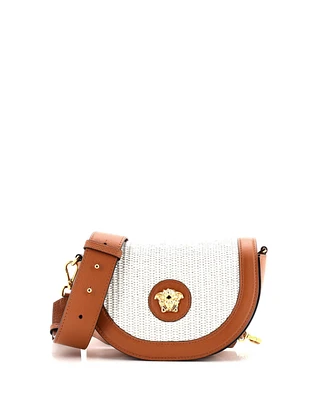 Pre-Owned Versace Small Medusa Saddle Crossbody Raffia and Leather