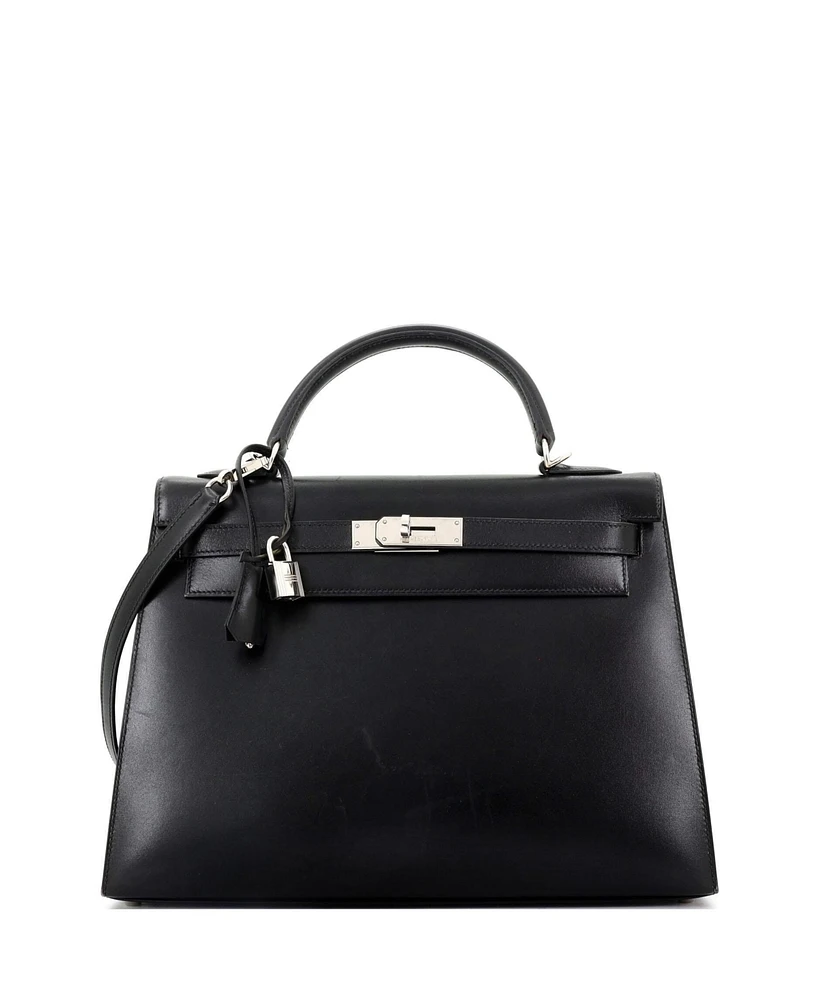 Pre-Owned Hermes Kelly 32 Handbag Black Box Calf with Palladium Hardware