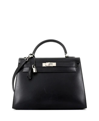 Pre-Owned Hermes Kelly 32 Handbag Black Box Calf with Palladium Hardware