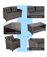 Gymax 4PC Rattan Patio Conversation Set Cushioned Outdoor Furniture Set