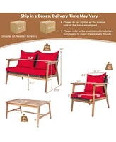 Gymax 4PCS Patio Conversation Set Wood Frame Furniture Set w/ Red Cushions