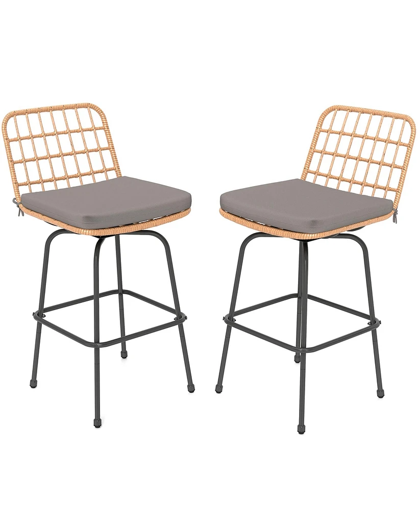 Gymax Patio 360° Swivel Bar Stools Set of 2 w/Backrests & Footrests Soft Seat Cushions