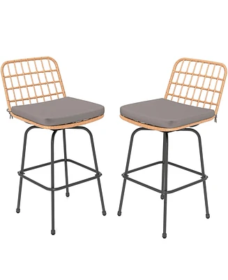 Gymax Patio 360° Swivel Bar Stools Set of 2 w/Backrests & Footrests Soft Seat Cushions