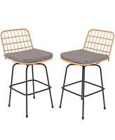 Gymax Patio 360° Swivel Bar Stools Set of 2 w/Backrests & Footrests Soft Seat Cushions