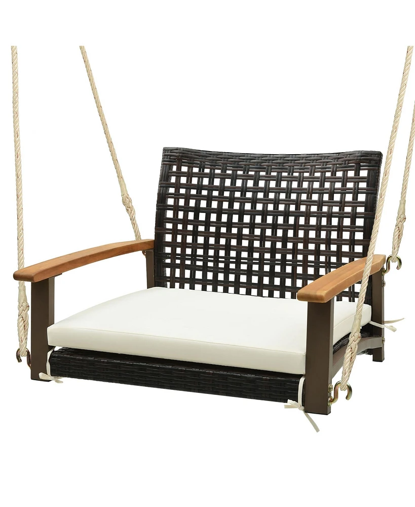 Gymax Rattan Porch Swing Patio Wicker Single Hanging Seat w/ Seat Cushion & Acacia Wood Armrests