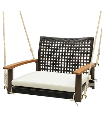 Gymax Rattan Porch Swing Patio Wicker Single Hanging Seat w/ Seat Cushion & Acacia Wood Armrests