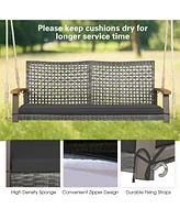 Gymax Rattan Patio Porch Swing 2-Person Cushioned Chair Bench w/ Hanging Ropes