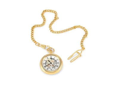 Peugeot Men's 14K Gold Plated Deco Skeleton Dial Vintage Pocket Watch with Clip-On Chain