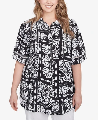 Ruby Rd. Plus Lotus Patchwork Button Front Camp Shirt