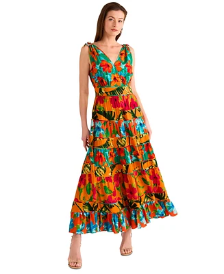 Vince Camuto Women's Floral-Print Tiered Deep V-Neck Dress