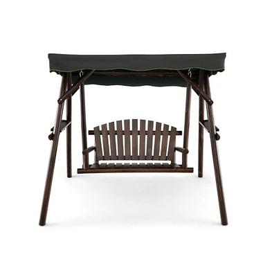 2-Person Outdoor Wooden Porch Swing with an Adjustable Canopy