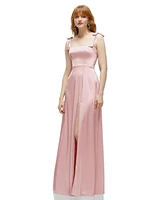 After Six Plus Square Neck Fluid Satin Maxi Dress with Bow Straps