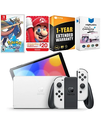 Nintendo Switch White Oled Console with Pokemon Sword, Nintendo $20 eShop Gift Card, MightySkins Console and Controller Skin Voucher