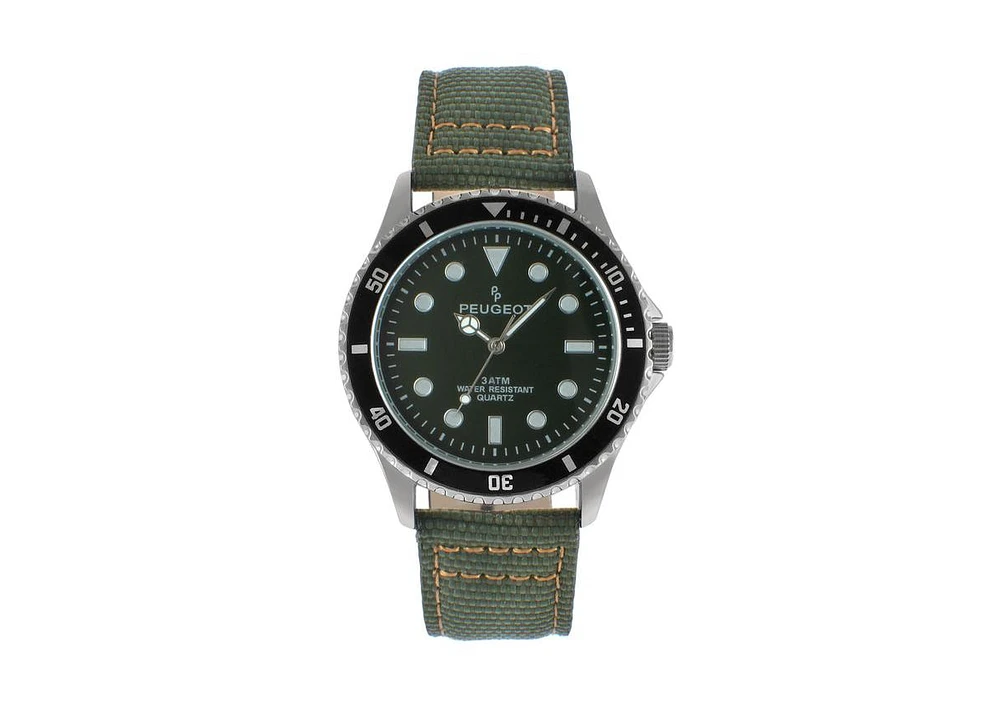 Peugeot Men's 42mm Sport Bezel Watch with Khaki Green Dial and Canvas Strap