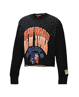 Mitchell & Ness Women's Black New York Knicks Hardwood Classics Studded Boxy Cropped Long Sleeve T-Shirt