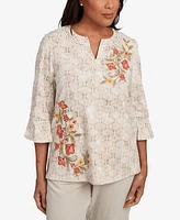 Alfred Dunner Women's Copper Canyon Printed Floral Bell Sleeve Embroidered Top