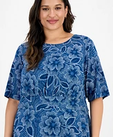 London Times Plus Short-Sleeve Printed Fit & Flare Midi Dress