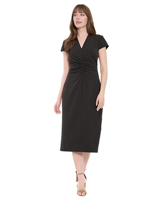 London Times Women's Short-Sleeve V-Neck Midi Dress