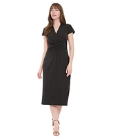 London Times Women's Short-Sleeve V-Neck Midi Dress