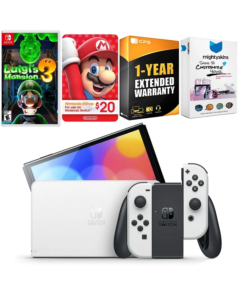 Nintendo Switch White Oled Console with Luigi s Mansion 3, Nintendo $20 eShop Gift Card, MightySkins Console and Controller Skin Voucher, and 1 Year C