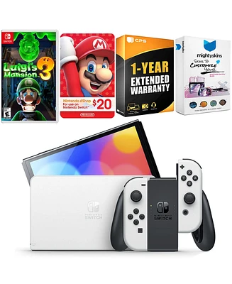 Nintendo Switch White Oled Console with Luigi s Mansion 3, Nintendo $20 eShop Gift Card, MightySkins Console and Controller Skin Voucher, and 1 Year C