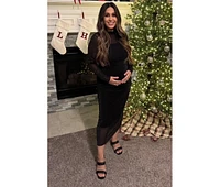Pinkblush Maternity Black Shimmer Mesh Long Sleeve Ruched Midi Dress