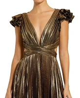 Mac Duggal Women's Ruffle Sleeve Cutout Pleated Metallic Gown