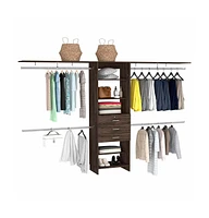Zamora 69"W - 118"W Closet System with Four Hanging Rods, Three Drawers, and Five Shelves, Dark Walnut