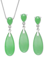 2-Pc. Set Dyed Green Jade Elongated Pear Pendant Necklace & Matching Drop Earrings in Sterling Silver