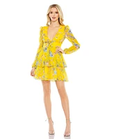 Mac Duggal Women's Floral Chiffon Dress with Deep V-Neck and Ruffle Tiered Skirt