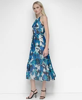 Dkny Women's Tie-Waist Chiffon Fit & Flare Midi Dress