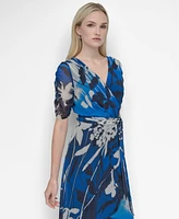 Dkny Women's V-Neck Ruched-Sleeve Belted Midi Dress