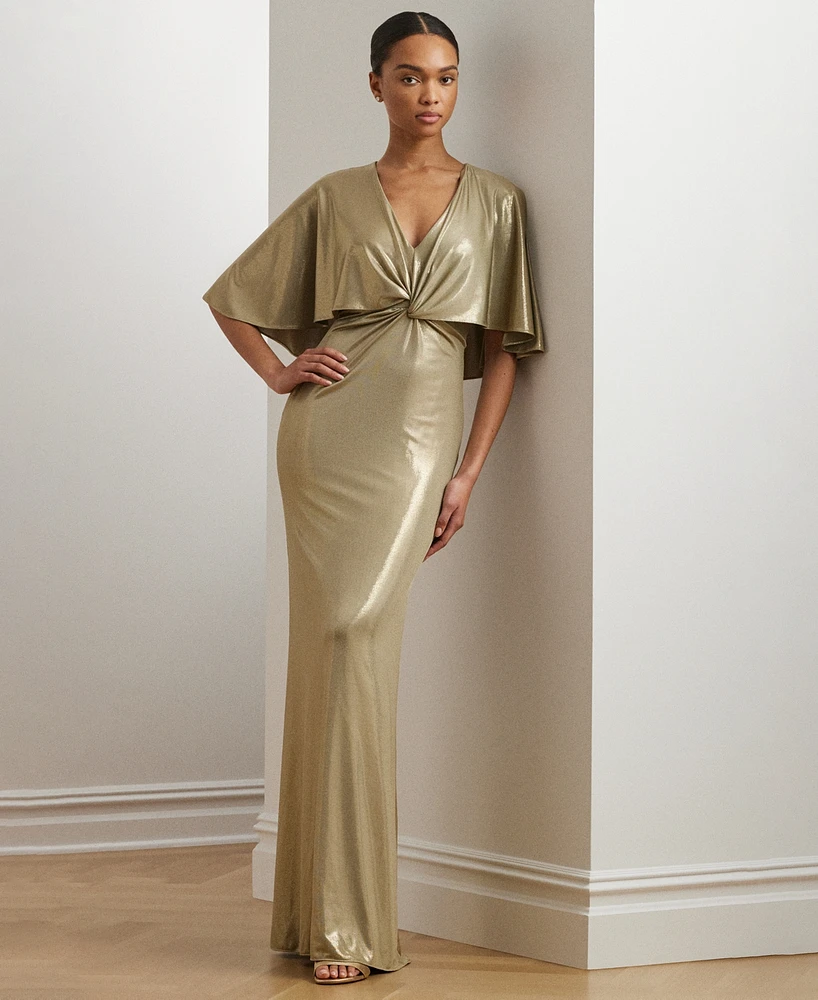 Lauren Ralph Women's Metallic Jersey Twist-Front Cape Gown