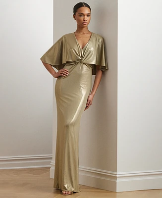 Lauren Ralph Women's Metallic Jersey Twist-Front Cape Gown