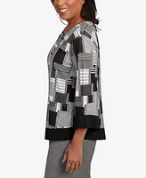 Alfred Dunner Women's Santa Barbara Patchwork Solid Black Trim Crew Neck Top